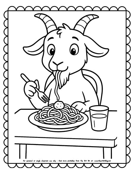 Goat Eating Spaghetti At A Table Coloring Pages