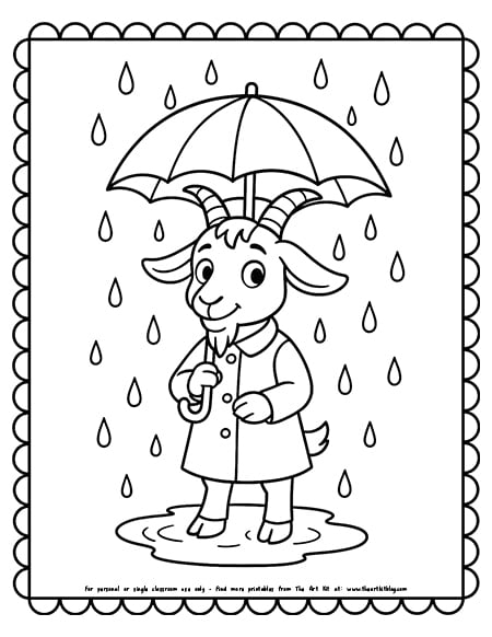 Goat Holding An Umbrella In The Rain Coloring Pages
