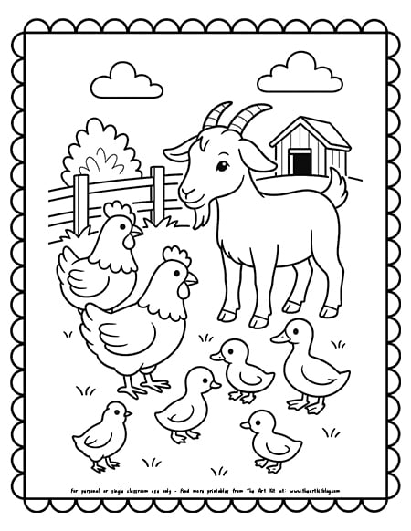 Goat With Chickens And Ducks Coloring Pages