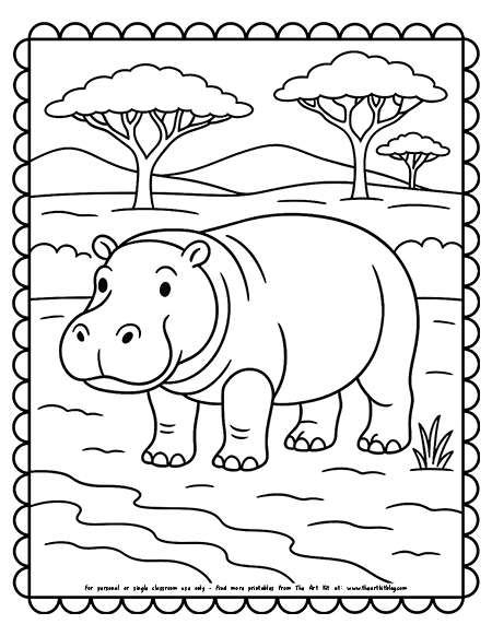 Hippopotamus In The Savanna With Acacia Trees Coloring Pages