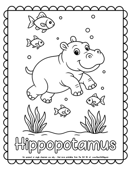 Hippo Swimming Underwater With Fish Coloring Page
