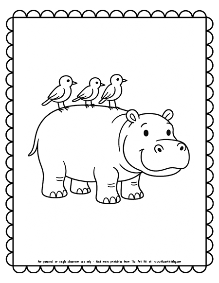 Hippo With Birds Sitting On Its Back Coloring Pages