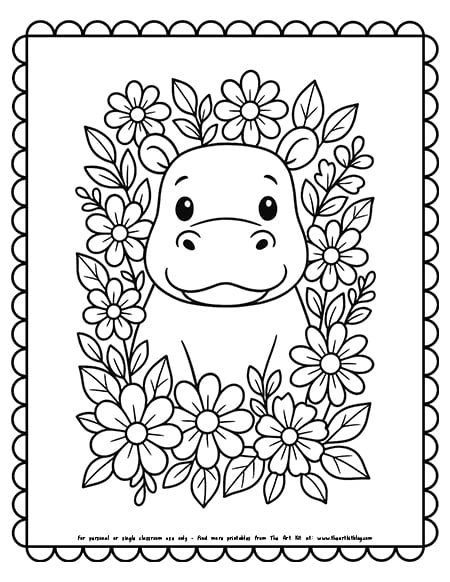 Hippo With Flowers Around It Coloring Pages