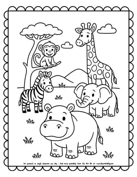 Hippo With Safari Animals Coloring Pages