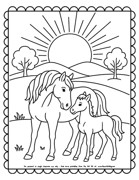 Horse And Foal At Sunset Coloring Page