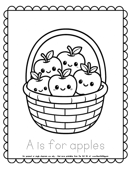 Kawaii Basket Filled With Apples A Is For Apples Coloring Pages