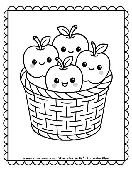 Kawaii Basket Filled With Apples Coloring Pages