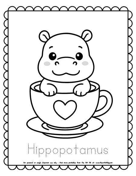 Kawaii Hippo Sitting In A Teacup Coloring Pages