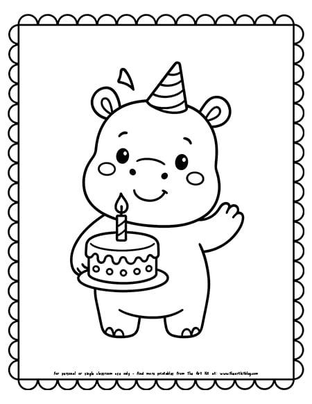 Kawaii Hippopotamus With A Birthday Cake Coloring Pages