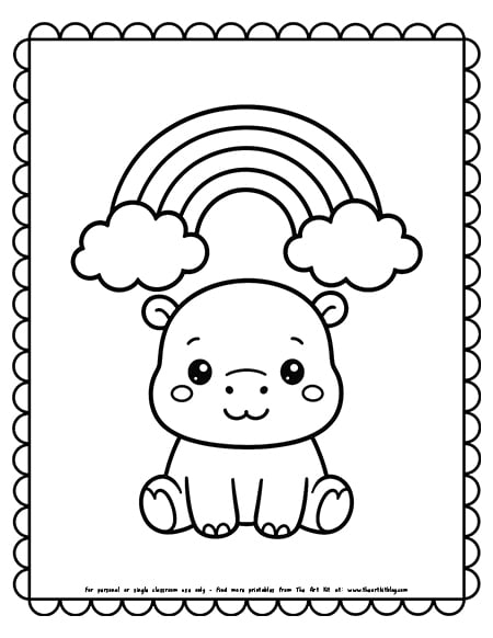 Kawaii Hippo With Rainbow Clouds Coloring Pages