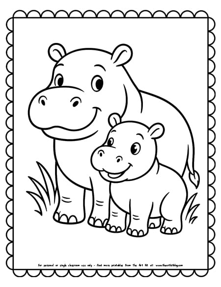 Mother And Baby Hippo Together Coloring Page
