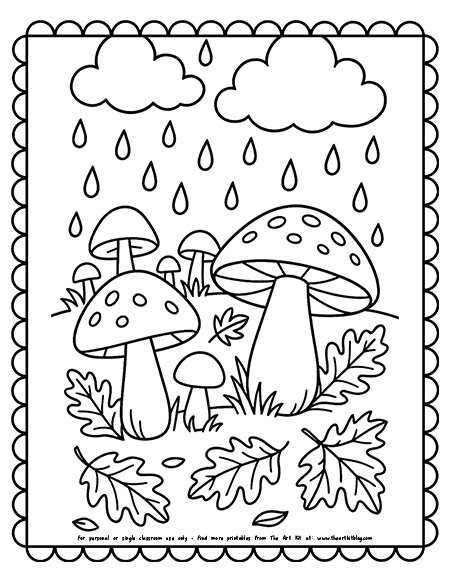 Rainy Autumn Day With Mushrooms Coloring Pages