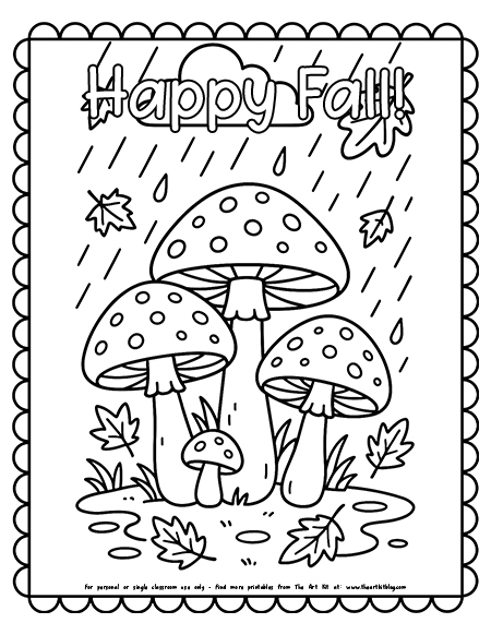 Rainy Autumn Day With Mushrooms Happy Fall Coloring Pages