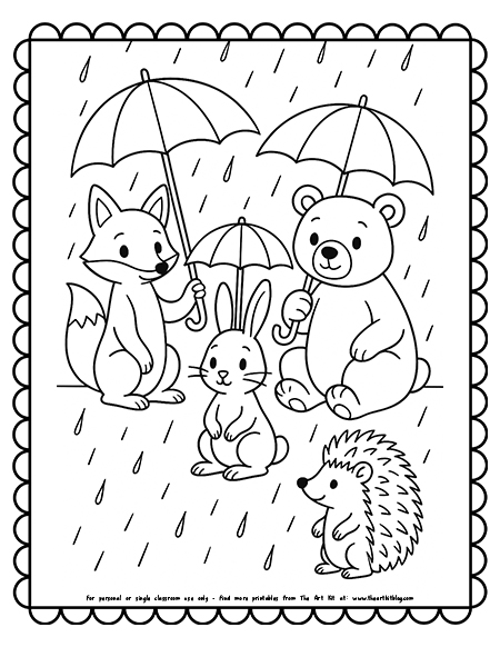Woodland Animals With Umbrellas Coloring Pages