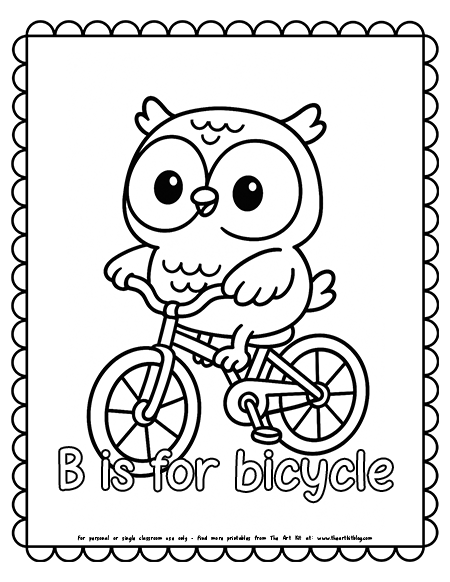 B Is For Bicycle Kawaii Owl Riding A Bicycle Coloring Pages