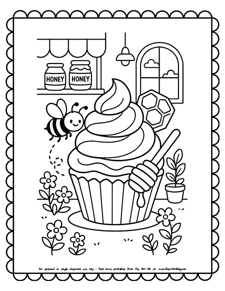 Bee And Honey Cupcake Bakery Scene Coloring Pages