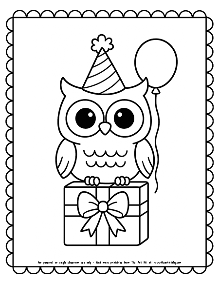 Birthday Owl With Party Hat Coloring Page