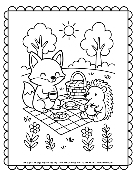 Cute Fox And Hedgehog Picnic Coloring Pages