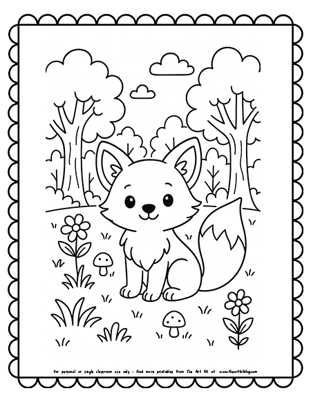 Cute Fox In The Forest Coloring Pages