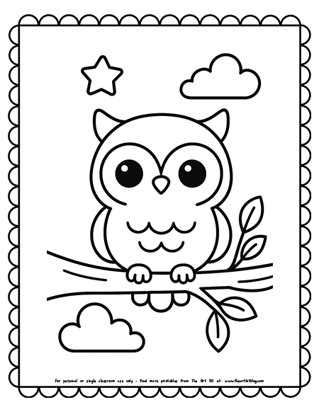 Cute Kawaii Owl On A Tree Branch Coloring Pages