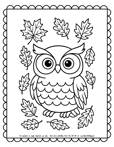 Fall Owl With Autumn Leaves Coloring Page