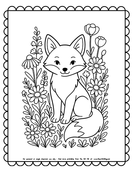 Fox In A Field Of Wildflowers Coloring Pages