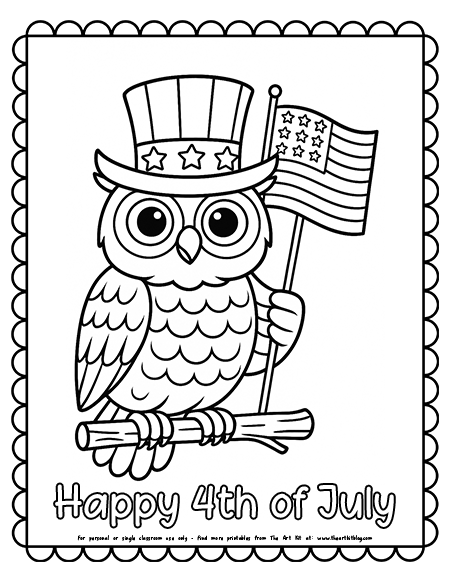 Happy 4th Of July Patriotic Owl With American Flag Coloring Pages