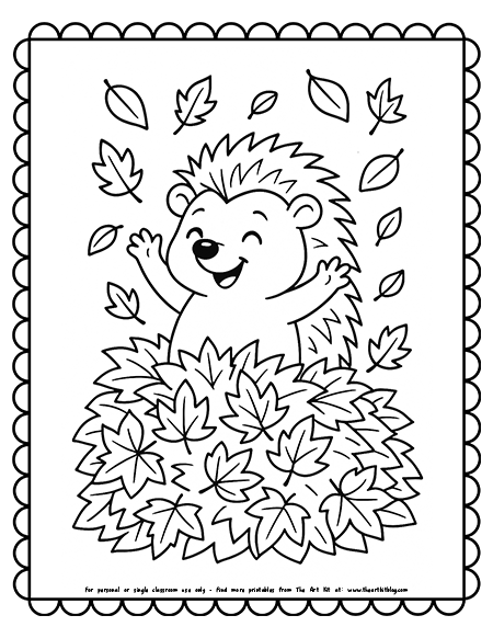 Hedgehog Playing In A Pile Of Leaves Coloring Pages