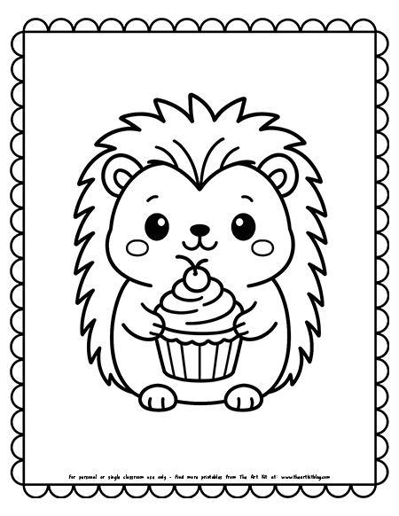 Kawaii Hedgehog With Cupcake Coloring Pages