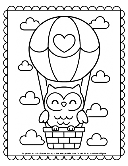 Kawaii Owl In A Hot Air Balloon Coloring Page
