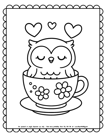 Kawaii Owl In A Teacup Coloring Pages