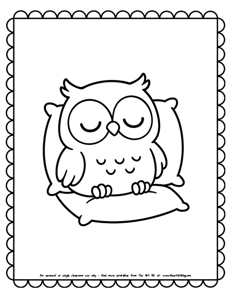 Kawaii Owl Sleeping On A Pillow Coloring Pages