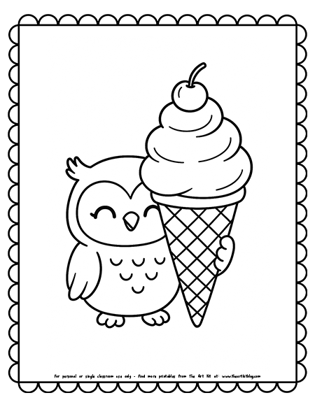 Kawaii Owl With A Giant Ice Cream Cone Coloring Pages