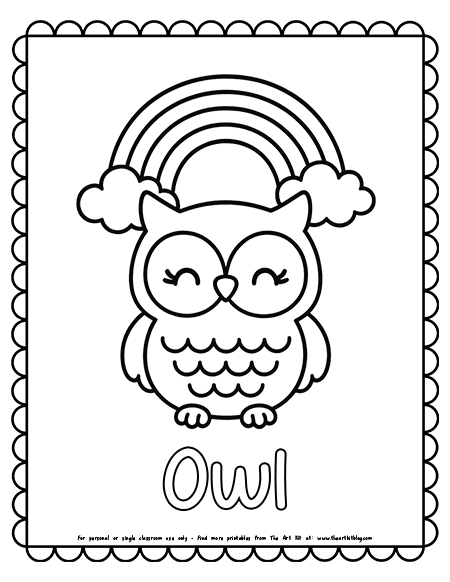 Kawaii Owl With A Rainbow Coloring Page