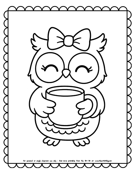 Kawaii Owl With Coffee Cup Coloring Pages