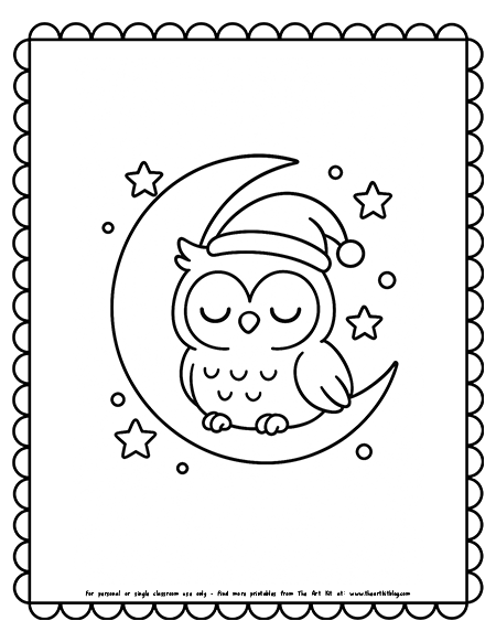 Kawaii Sleepy Owl On The Moon Coloring Pages