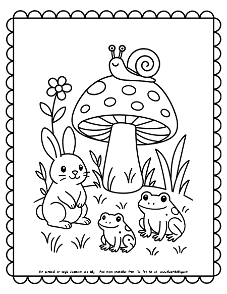 Mushroom And Animals Coloring Page