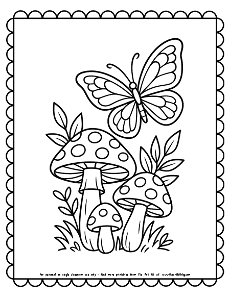 Mushroom And Butterfly Coloring Page