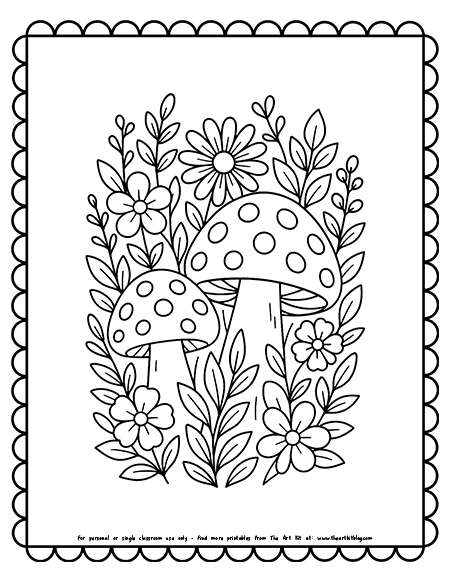 Mushroom And Flowers Coloring Pages