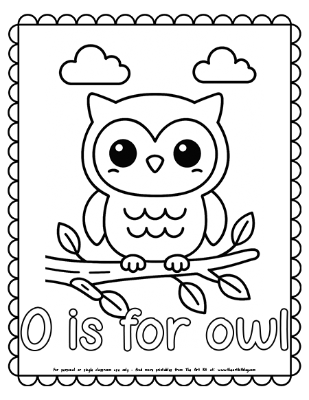 O Is For Owl Cute Kawaii Owl On A Tree Branch Coloring Page