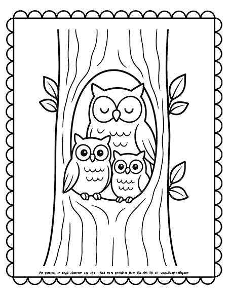 Owl Family In A Tree Hollow Coloring Pages
