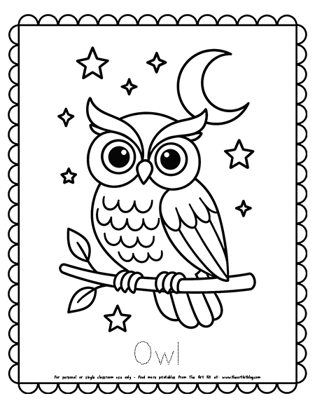 Owl With Stars And Moon Coloring Page