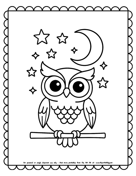 Owl With Stars And Moon Coloring Pages