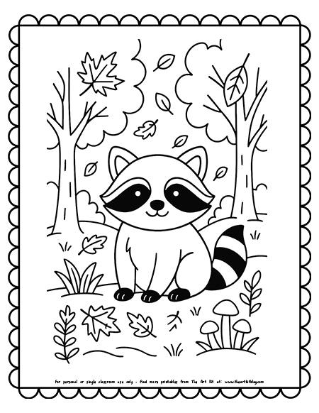 Raccoon In An Autumn Forest Coloring Page