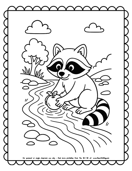 Raccoon Washing Food In The River Coloring Pages