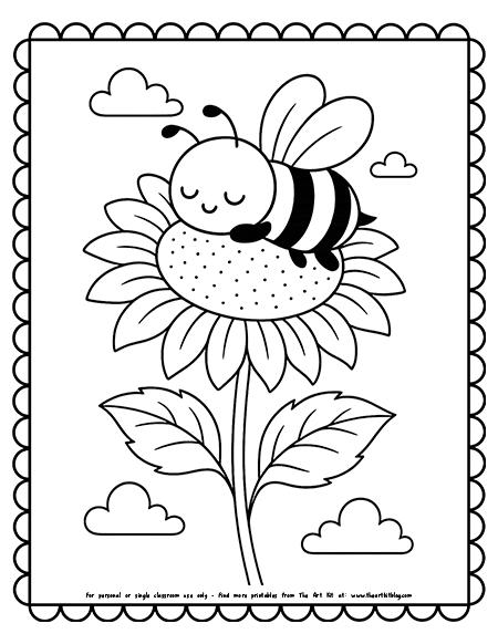 Sleepy Bee On A Sunflower Coloring Pages