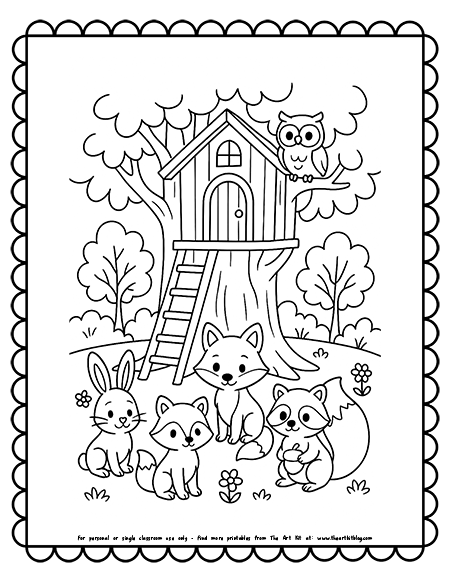 Woodland Animals Around A Treehouse Coloring Pages