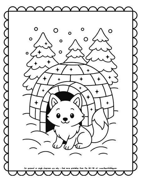 Arctic Fox Peeking Out of Sparkly Igloo With Snowy Trees Coloring Pages Arctic Fox Peeking Out of Sparkly Igloo With Snowy Trees Coloring Pages
