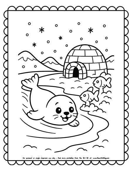 Baby Seal Sliding on Ice Past Igloo With Fish Snow Sculptures Coloring Pages Baby Seal Sliding on Ice Past Igloo With Fish Snow Sculptures Coloring Pages