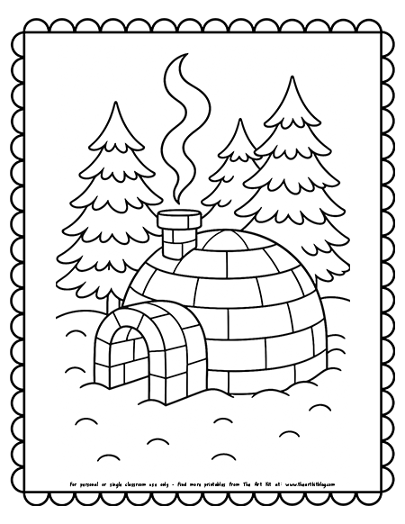Cozy Igloo With Steaming Chimney and Snowy Pine Trees Coloring Pages Cozy Igloo With Steaming Chimney and Snowy Pine Trees Coloring Pages